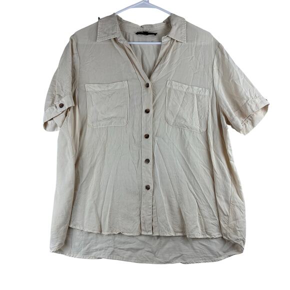 Jane + Delancey Short Sleeve Collared Button Up Women's Large Beige Rayon Modal - Picture 1 of 11